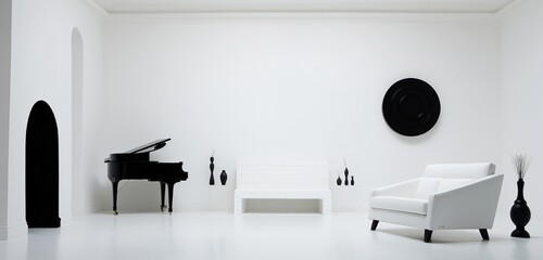 A pristine white room with a single piece of black furniture.