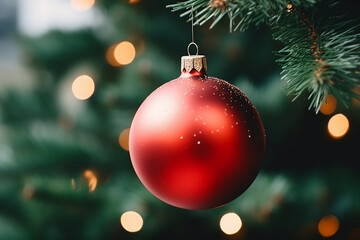 Red Christmas Ball Hanging on Christmas Tree - Festive Ornament Captured with Generative AI Tools