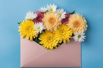 Sunny Elegance: Yellow Chrysanthemums in a Delicate Paper Envelope on a Vibrant Blue Background, Created with Generative AI Tools