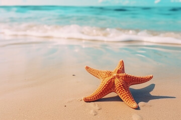 Fototapeta na wymiar Starfish on Sandy Beach in Crystal Clear Sea Water - Coastal Serenity, Created with Generative AI Tools