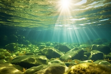 Sunlit Algae Bed on the Ocean Floor - Underwater Natural Beauty, Created with Generative AI Tools