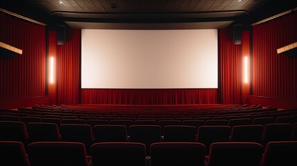 The quiet atmosphere of an empty red cinema hall, highlighting a white blank screen