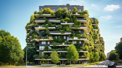 Fototapeta premium Sustainable Urban Forests:Images of urban landscapes with vertical gardens and green spaces on buil
