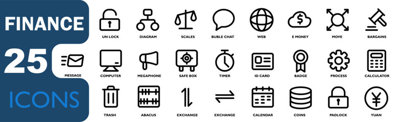 finance icon set. contains icons for money, calculator, bank, insurance, money security, e-money and others.black outline icon collection.