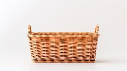 Showcase of an unfilled rectangular wicker basket against a plain white background