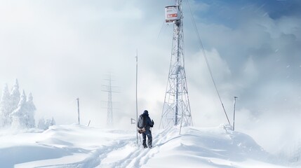 Fototapeta na wymiar Wintertime image with a man scaling a radio mast amid snowy conditions