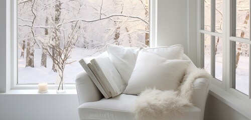 A cozy, all-white reading nook with a single chair.