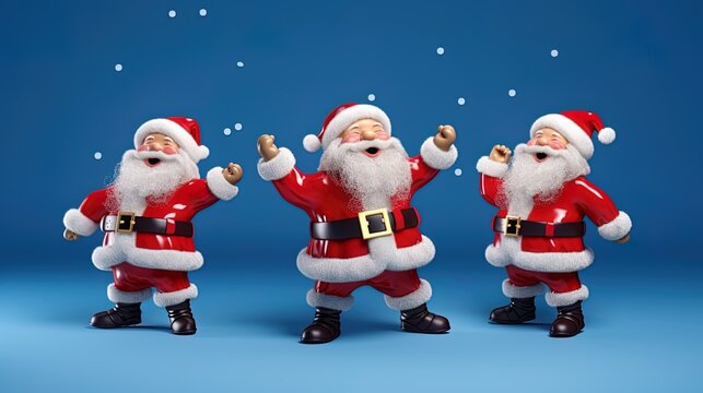 The joyous image of a smiling Santa Claus, dancing with glee on a blue background