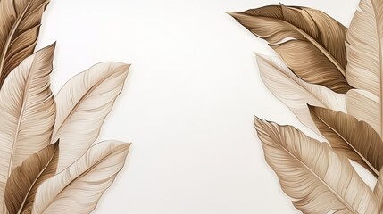 Clean and chic composition of brown banana leaves against a white backdrop