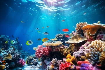 Fototapeta na wymiar Vibrant Underwater Coral Reef Landscape in the Deep Blue Ocean with Colorful Fish and Marine Life - Created with Generative AI Tools