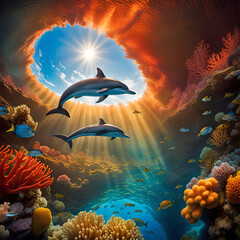 A dolphin glides underwater surrounded by tropical fish and corals,