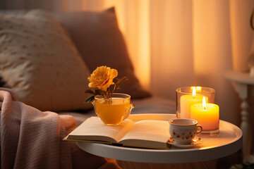Cozy Reading Atmosphere: Tea Cup, Open Book, and Burning Scented Candles on Marble Table - Created with Generative AI Tools