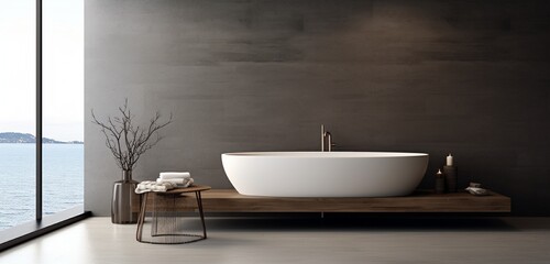 A minimalist bathroom with a freestanding bathtub. - obrazy, fototapety, plakaty