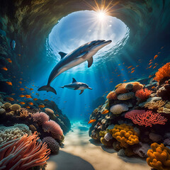 A dolphin glides underwater surrounded by tropical fish and corals,
