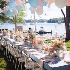 Baby shower table with chairs and decorations on the lake shore.
