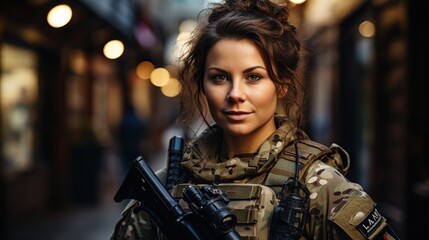 portrait of positive caucasian soldier woman smiling at camera, in nature, posing. war, hunting, military concept Generative Ai - obrazy, fototapety, plakaty