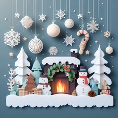 winter decoration postwinter decoration poster in paper cute styleer in paper cute style. Generative AI - 683580207