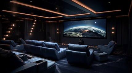 A high-tech cinema room with plush seating, a large screen, and ambient lighting for a premium movie experience.