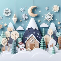 winter decoration postwinter decoration poster in paper cute styleer in paper cute style. Generative AI - 683580247