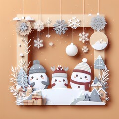 winter decoration postwinter decoration poster in paper cute styleer in paper cute style. Generative AI - 683580429
