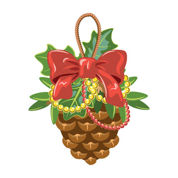 New Year, Christmas decorated Christmas tree pine cone. Vector illustration. Cone with beads and bow.