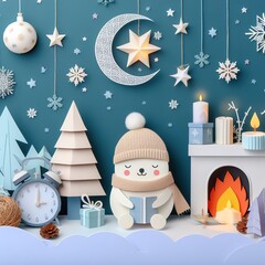 winter decoration postwinter decoration poster in paper cute styleer in paper cute style. Generative AI - 683580841
