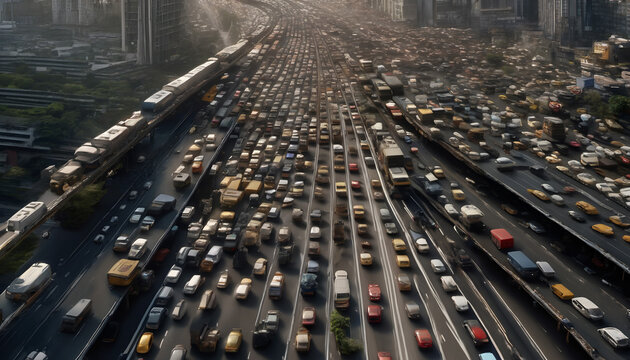 A large dystopian traffic jam in a city.