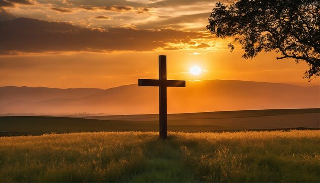 Sunrise with Christian cross silhouette on grass - serene, spiritual landscape