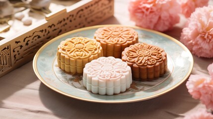 Obraz na płótnie Canvas Traditional Chinese mid autumn festival mooncakes arranged on decorative plate