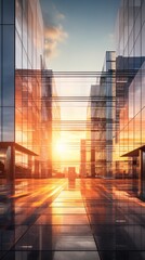 A modern industrial office building at sunrise, with the sunlight reflecting off its glass facade. - obrazy, fototapety, plakaty