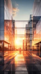 Fotobehang A modern industrial office building at sunrise, with the sunlight reflecting off its glass facade. © ZUBI CREATIONS