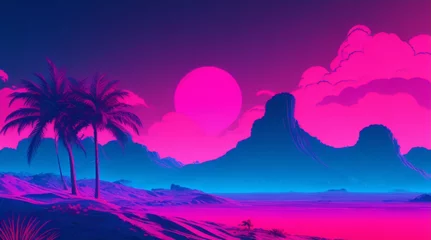 Fototapeten Retro futuristic car against big pink sun. Cyberpunk concept. Synthwave poster. Retro future wallpaper. Vector illustration. Ultra-modern landscape, synthwave city, cyberpunk landscape. © Cobe