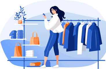 Flat illustration of young calm pretty woman in casual clothes browsing internet while buying new clothes in store of clothes and accessories decorated in blue colours
