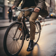 Fototapeta na wymiar casual man is riding the bike on the road, Generative AI