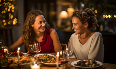 Two elegant smiling women look at each other romantically in a restaurant against the background of a cozy festive interior. Sincere female friendship