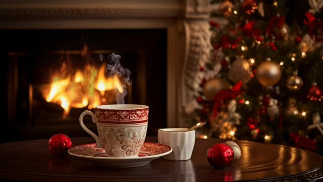 coffee in winter with fireplace and christmas decoration. seamless looping time-lapse virtual 4k video animation background. Generated with AI
