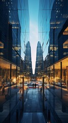 A wide-angle shot showcasing an entire block of interconnected glass-fronted office buildings. - obrazy, fototapety, plakaty