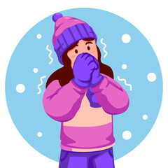 Girl Wearing a Winter Hat and Scarf feels shivering from the cold