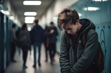 Bullying at school and high school. Upset bullied teen boy suffering sitting against the school locker on the floor in the school corridor. Social problems, children's rights - obrazy, fototapety, plakaty