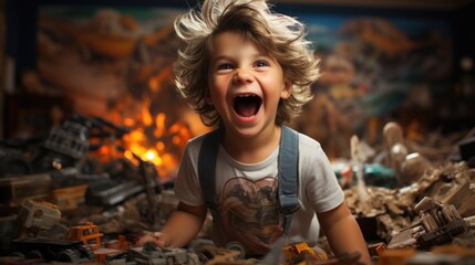 Happy child playing with their toys in the living room - obrazy, fototapety, plakaty