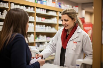pharmacist is helping and providing care for an old woman at the pharmacy. Generative AI