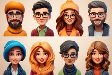 Smiling People Closeup Portrait Set Cute Cartoon Businessman Male and Female Avatars Multi-ethnic Man and Woman Faces Isolated on White Background