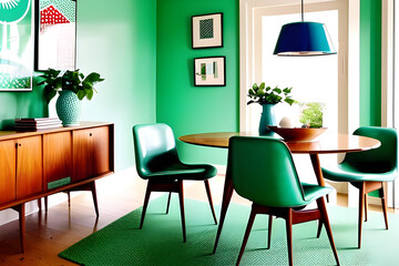 Mint color chairs at round wooden dining table in room with sofa and cabinet near green wall. Scandinavian, mid-century home interior design of modern living room. Generative AI
