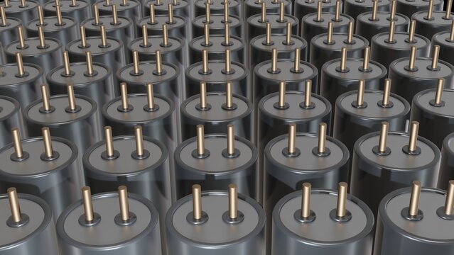 Supercapacitor array. Array of supercapacitors, batteries. Repeating rows of cylinders / cylindrical battery energy storage farm. 3d render illustration