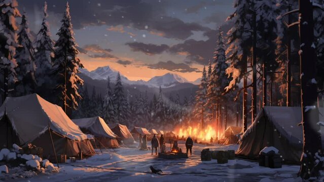 camping in the mountains during winter and snowfall. seamless looping virtual video animation background, anime style. Generated with AI