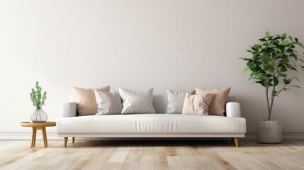interior design of modern living room with beige fabric sofa and cushions. White wall with frame and space for text, living, furniture
