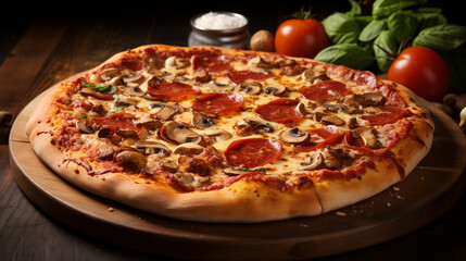 pizza with salami and tomatoes, ai generated