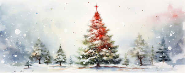Watercolor Painting, Christmas Evergreen Tree, Generative AI