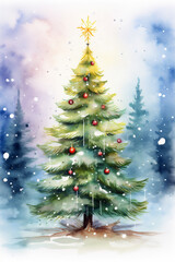 Watercolor Painting, Christmas Evergreen Tree, Generative AI