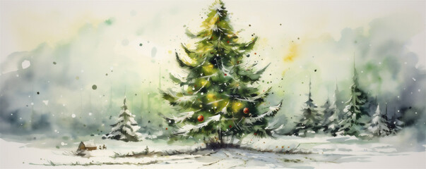 Watercolor Painting, Christmas Evergreen Tree, Generative AI